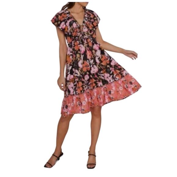 RAGA Dresses & Skirts - Anthropologie RAGA Flutter Sleeve Floral Dress, Pink Orange Black,  Large
